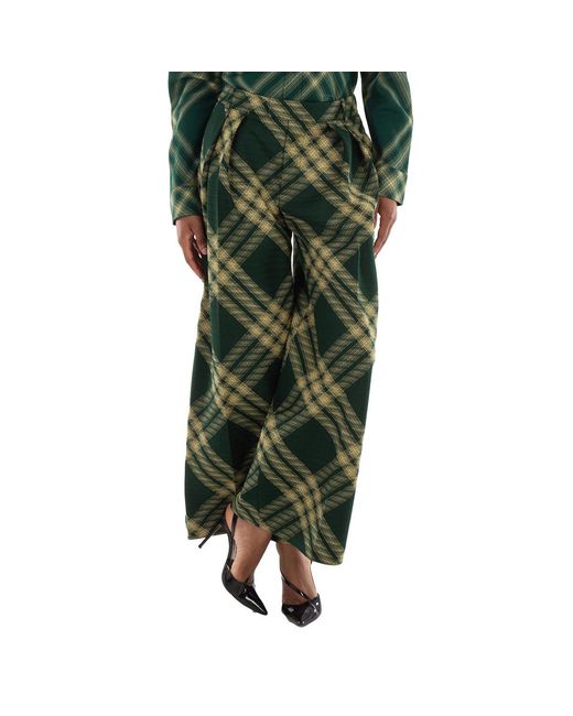Burberry Green Wide-Leg Tartan Wool Boyfriend Trousers, Brand Size 2 Us