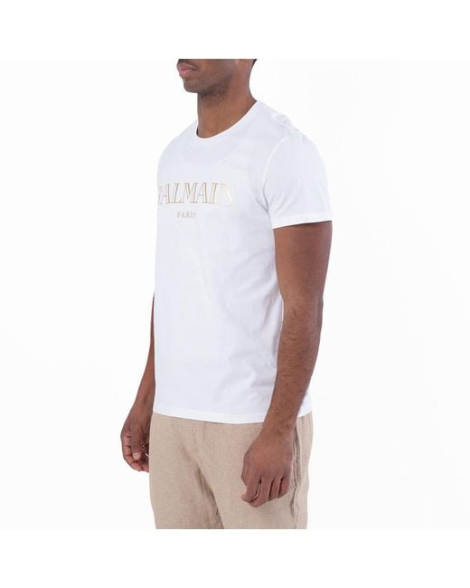 Balmain White Metallic Logo Print Cotton T Shirt for men