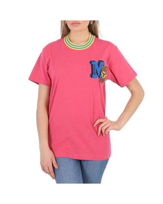 Moschino Pink Fuschia Varsity Teddy Bear Applique Oversized T-shirt