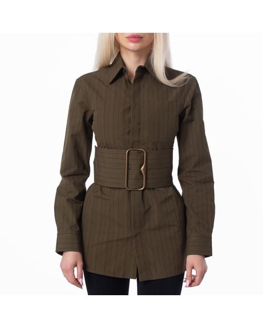 Burberry Green Pinstriped Cotton-Poplin Belted Shirt, Brand Size 4 Us