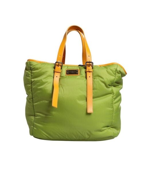 Dolce & Gabbana Green Nylon Padded Logo Plaque Tote Crossbody Bag Pu Leather