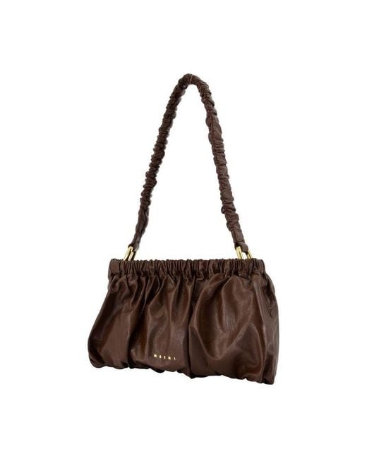 Marni Brown Gathered Calfskin Shoulder Bag
