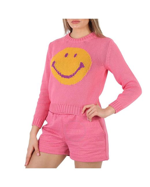 Moschino Pink Fantasy Print Fucsia Smiley Logo Intarsia Sweater