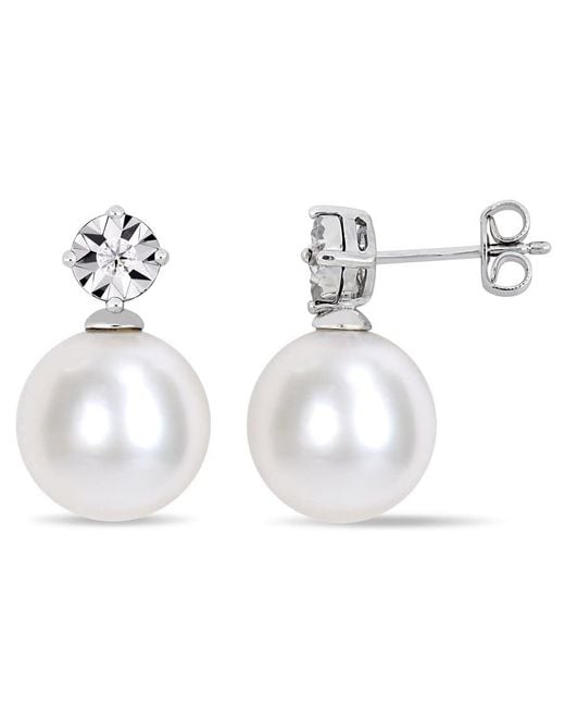 Amour White 11-12 Mm Cultured Freshwater Pearl And Diamond Accent Earrings
