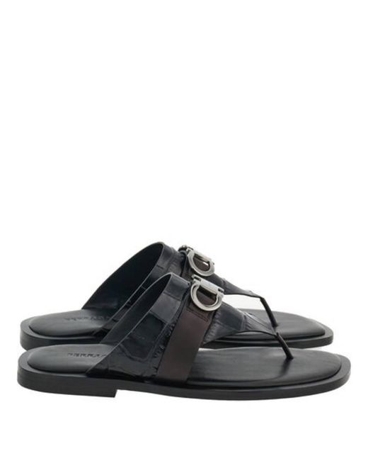 Ferragamo Black Gancini Embellished Leather Sandals for men