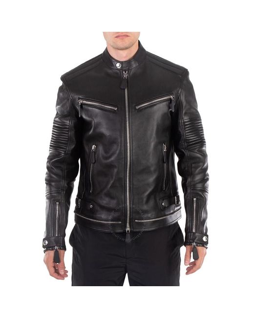 Burberry Black Selsdon Zippered Leather Motorcycle Jacket for men