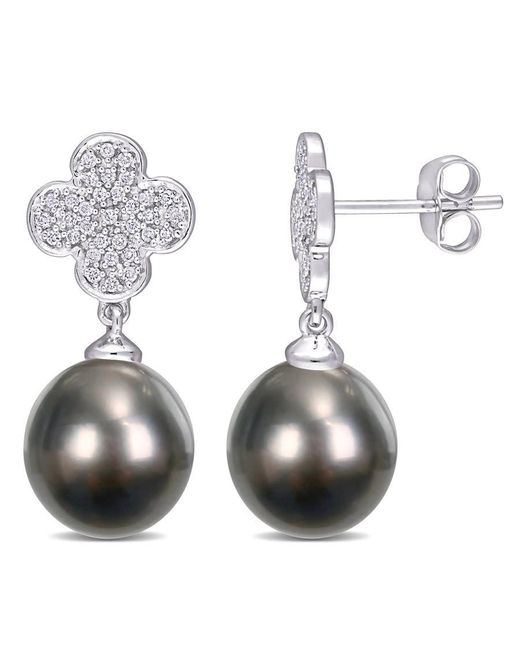 Amour White 10-10.5Mm Tahitian Cultured Pearl And 1/5 Ct Tdw Diamond Flower Drop Earrings