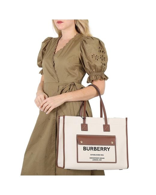 Burberry White Freya Medium Two-Tone Canvas And Leather Tote