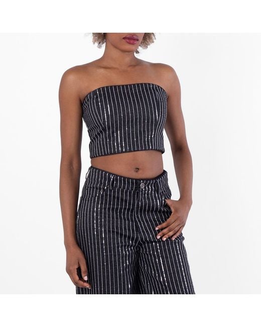 ROTATE BIRGER CHRISTENSEN Blue Sequin Twill Crop Top, Brand Size 40 Us