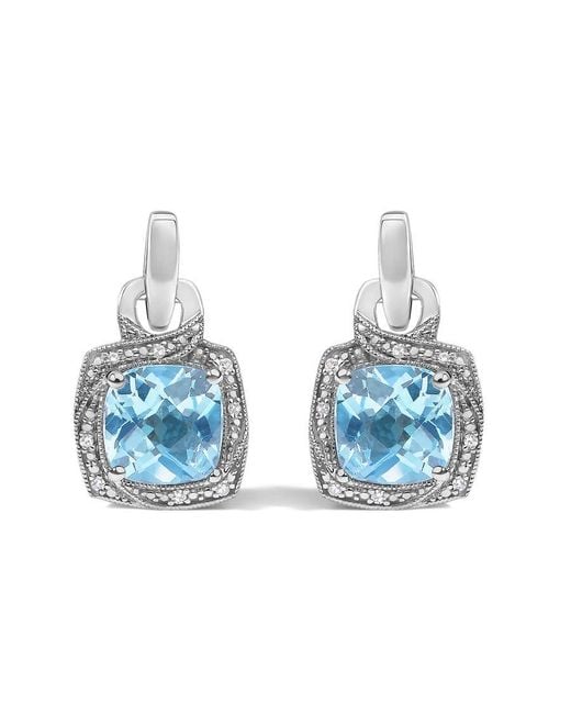 Haus of Brilliance Blue Sterling Cushion Cut Topaz And Diamond Accent Geometric Dangle Earrings