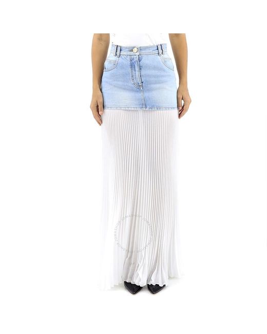 Balmain Long Blue And White High-waist Denim Pleated Skirt