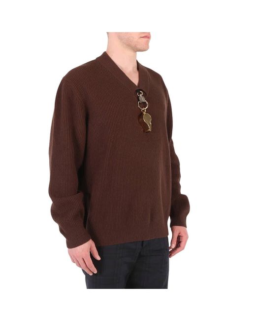 Burberry Brown Wool V-neck Gold-plated Whistle Detail Rib Knit Sweater for men