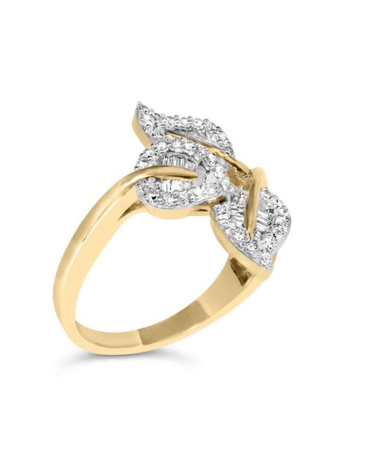 Haus of Brilliance Metallic 18k Gold Plated .925 Sterling Silver 1/2 Ct Baguette & Round Diamond Bypass Triple Leaf Ring