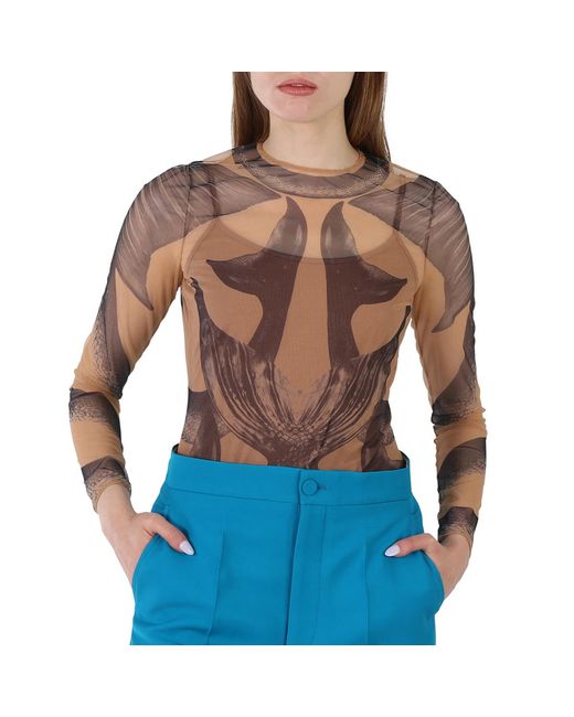 Burberry Blue Ladies Mermaid Tail-Print Tulle Long Sleeve Bodysuit