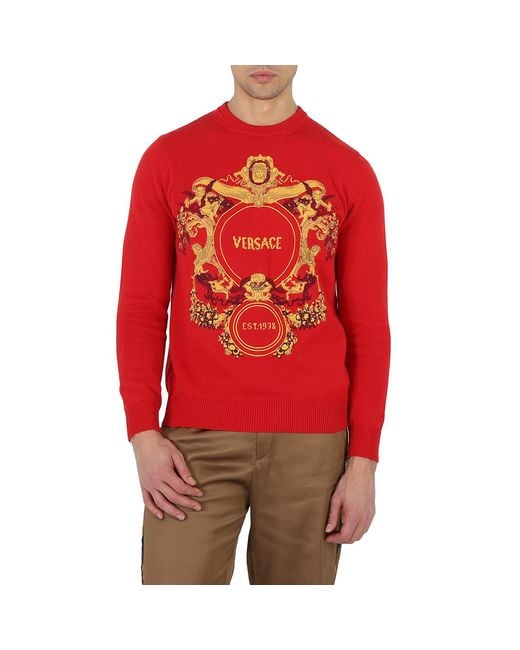Versace Red Intarsia Knit Jacqurd Sweater, Brand Size 48 (Us Size 38) for men