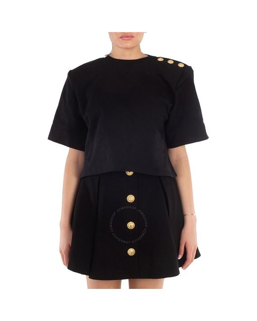 Balmain Black Button-Detail Cropped Crew-Neck Sweatshirt