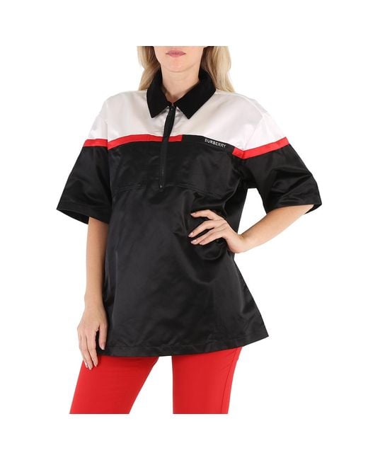 Burberry Black Ladies Colorblock Silk Satin Oversized Short Sleeve Bowling Shirt, Brand Size 2 (Us
