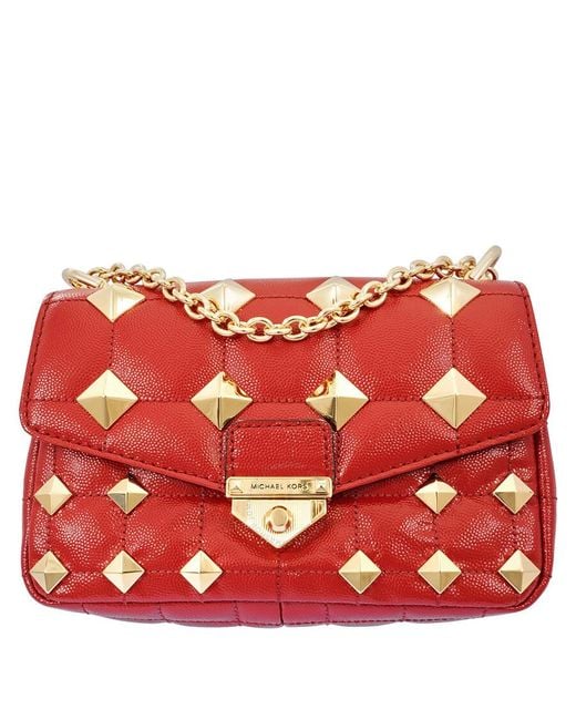 Michael Kors Red Soho Small Studded Quilted Patent Leather Shoulder Bag