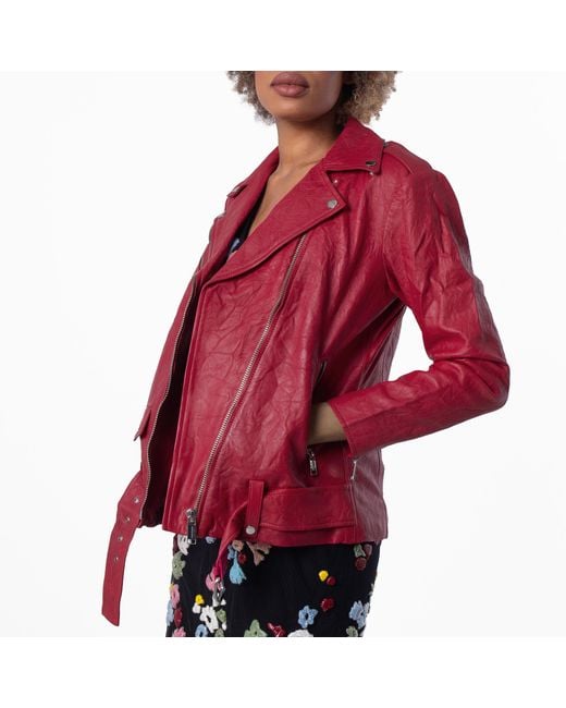 Michael Kors Red Ladies Crinkled Leather Moto Jacket