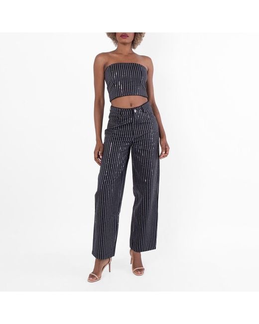 ROTATE BIRGER CHRISTENSEN Blue Sequin Twill Wide Leg Pants, Waist