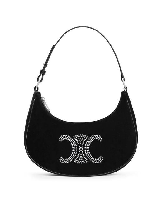 Céline Black Ava Triomphe Strass Velvet Shoulder Bag
