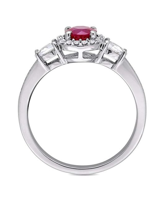 Amour Metallic Round Ruby And Pear Shape Sapphire 3-Stone Ring With 1/8 Ct Tw Diamond Halo And Accent for men