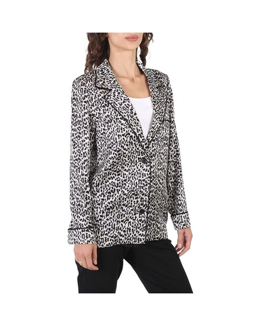 Saint Laurent Black Ladies Leopard-Pattern Silk Blazer, Brand Size 38