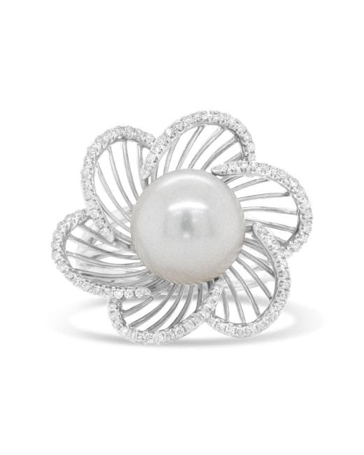 Haus of Brilliance White 14K 11Mm Round Pearl And 1/3 Cttw Round Diamond Openwork Flower Blossom Ring