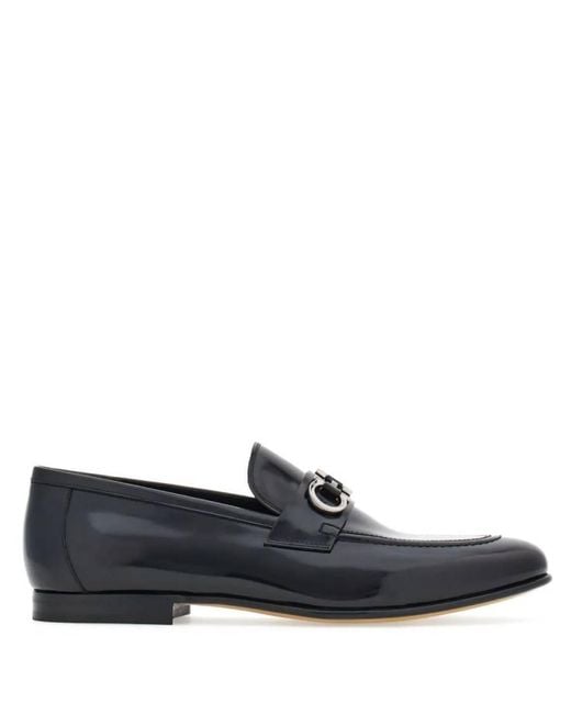 Ferragamo Blue Gancini Buckle Leather Loafers for men