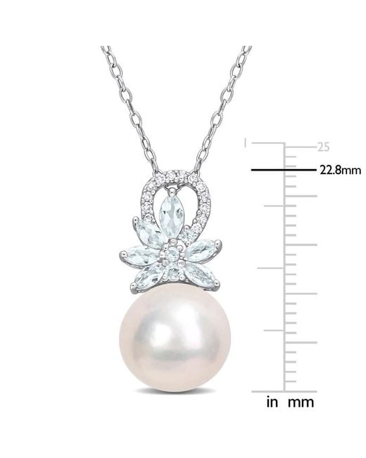 Amour Metallic 11-12Mm Cultured Freshwater Pearl And 5/8 Ct Tgw Aquamarine And Diamond Accent Flower Pendant With Chain