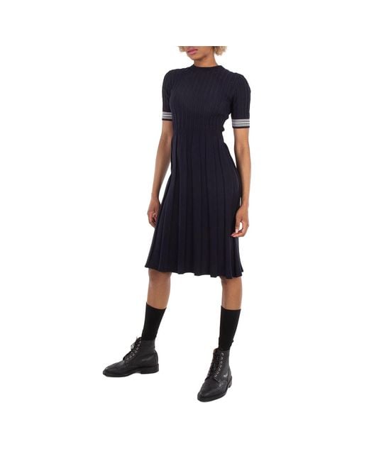 Thom Browne Blue Ladies Cotton Pleated Cricket Striped Cable Dress