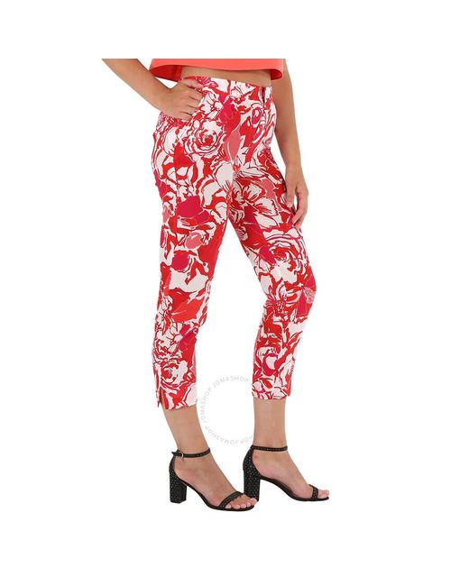 Roberto Cavalli Red Hydrangea / Floral-print Straight-leg Silk Trousers