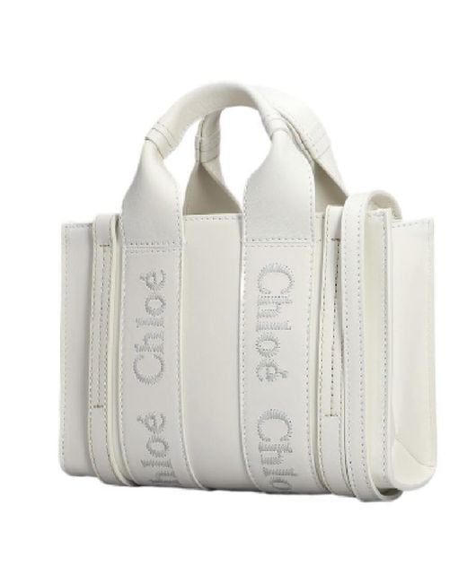 Chloé White Mini Woody Leather Tote Bag