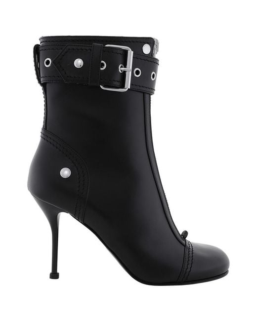 Alexander McQueen Black Buckle-Detail Heeled Ankle Boots, Brand Size 35 Us