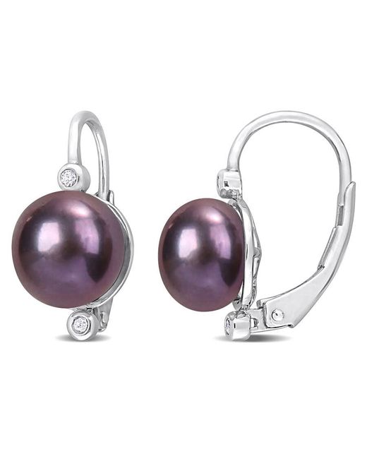 Amour Purple 8-8.5Mm Freshwater Cultured Pearl And Diamond Accent Leverback Earrings