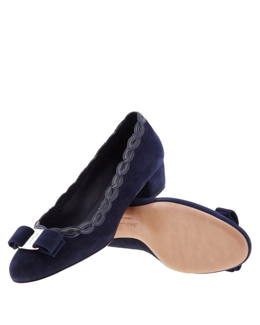 Ferragamo Blue Vara Bow Suede Pumps