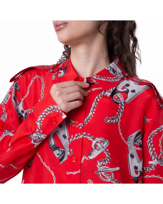 Burberry Red All-Over Graphic Print Silk Long Sleeve Shirt, Brand Size 6 Us
