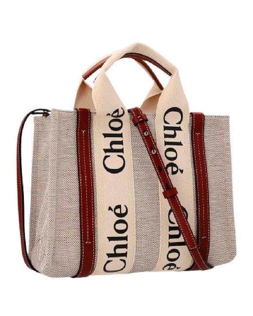 Chloé Pink Mini Woody Linen Logo Tote Bag