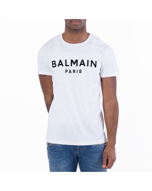 Balmain White Flock Logo Cotton T Shirt for men