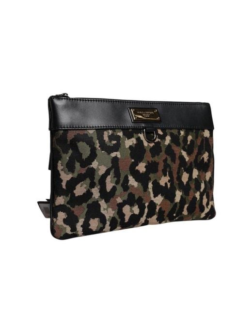 Dolce & Gabbana Black Dolce & Gabbana Leopard Jacquard Print Logo Plaque Pouch Bag for men