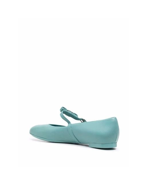 Ferragamo Blue Bow-Detail Leather Ballerina Shoes