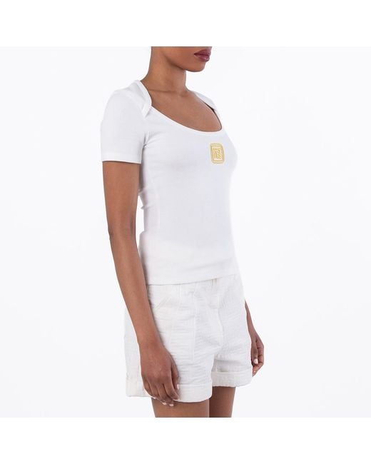 Balmain White Pb Logo Embroidered T-Shirt