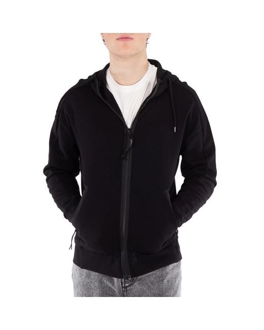 C P Company Black Diagonal Raised Cotton Goggle Hooded Sweatshirt for men