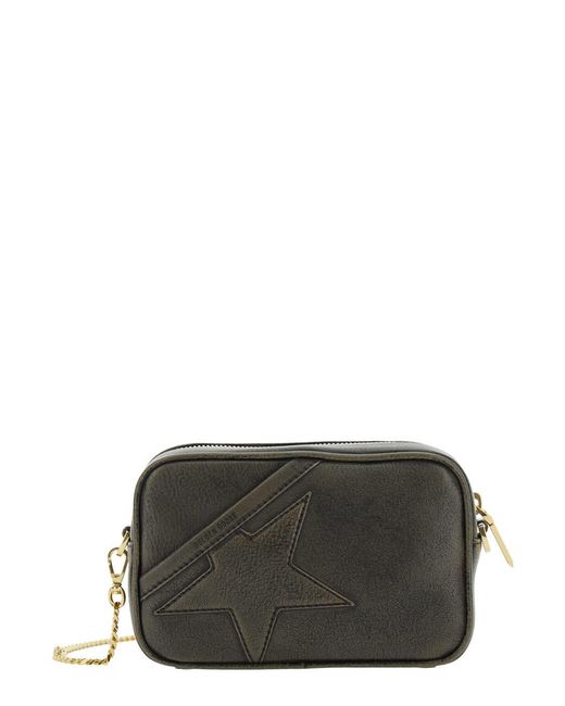 Golden Goose Deluxe Brand Gray Crossbody Bag With Removable Chain-Link Shoulder Strap And Star Patch On The Front