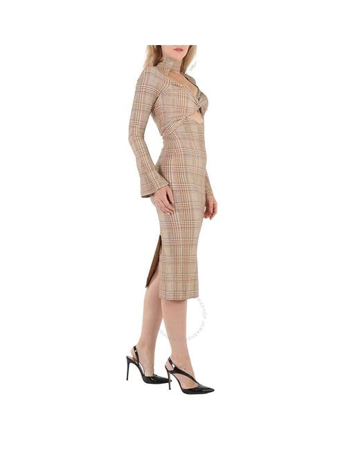 Burberry Natural Dark Honey Cut-out Checked Midi Dress