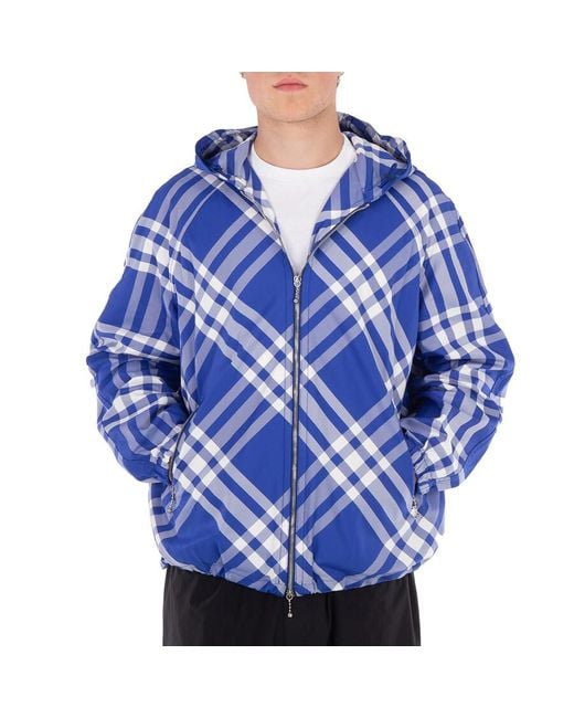 Burberry Blue Check-Pattern Hooded Zip-Up Polyamide Jacket for men