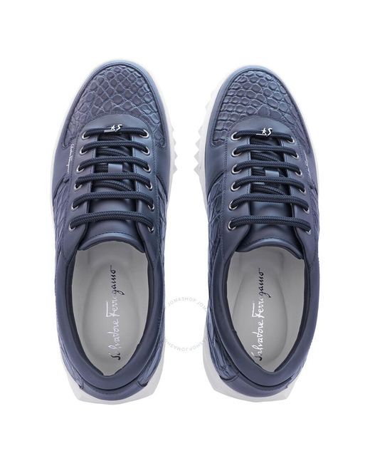 Ferragamo Blue Salvatore Scuby Marine Croco Leather Low-top Sneakers for men