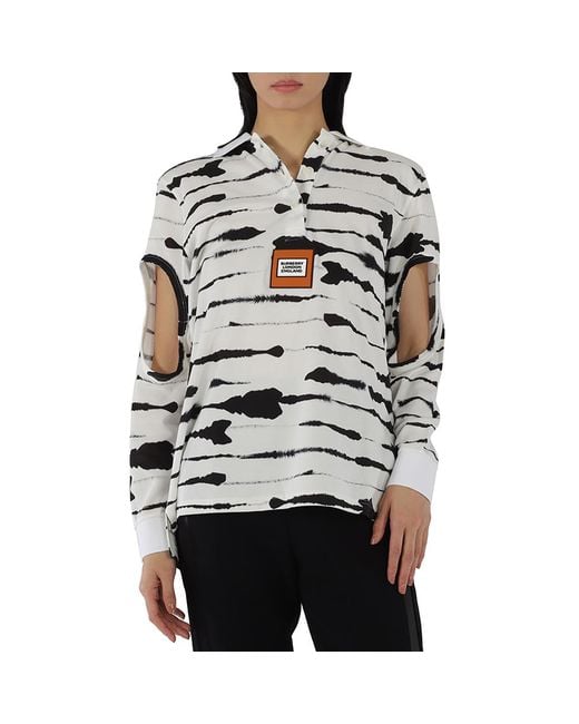 Burberry Gray Ladies Monochrome Watercolor Printed Cotton Polo Shirt
