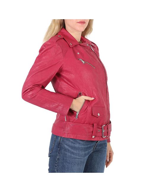 Michael Kors Red Crinkled Leather Moto Jacket