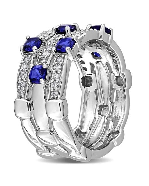 Created Forever Blue 1Ct Tgw Created Sapphire And 1/3Ct Tw Lab-Grown Diamond 3-Row Semi-Eternity Ring